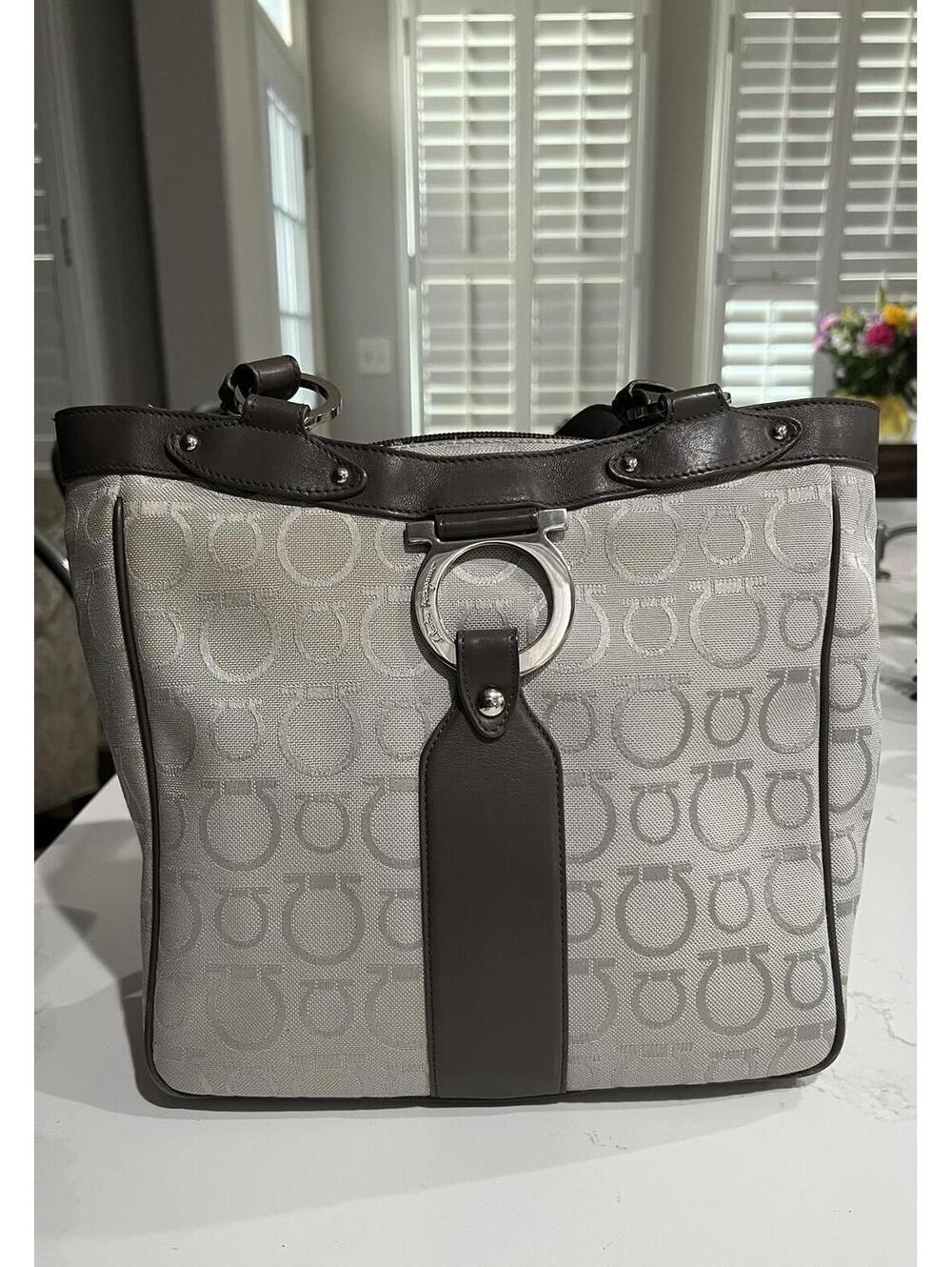 Salvatore Ferragamo Salvatore Ferragamo Taupe Gancini Canvas And Leather Tote